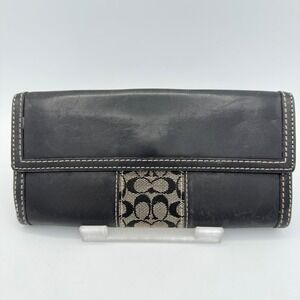 COACH Black Leather Signature Canvas Snap Closure Wallet‎ Long